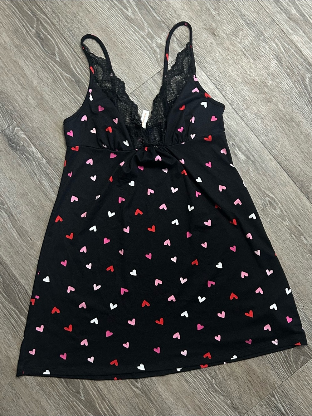 Black Heart-Print Lace-Trim Chemise - Women's Sleepwear